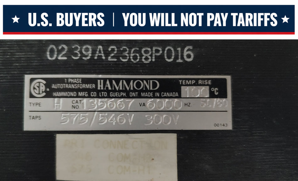 Hammond Transformer Cat no:135667 VA:6000 HV: 575/546V LV: 300