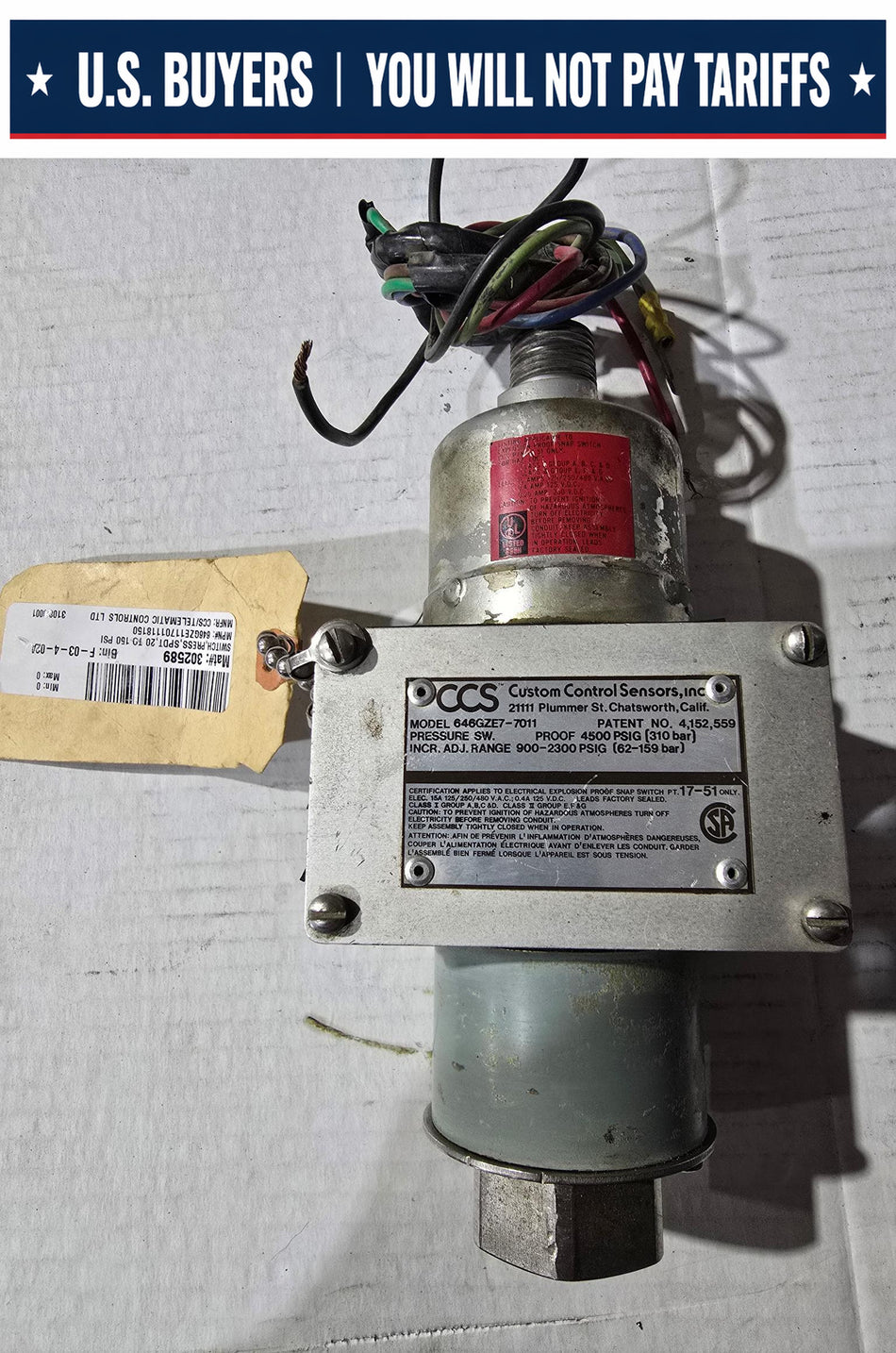 CUSTOM CONTROL SENSORS PRESSURE SWITCH 646GZE7-7011  4500 PSIG PROOF  900-2300 PSIG INCR ADJ RANGE  1/2"-14 NPT  316 STAINLESS STEEL (USED)