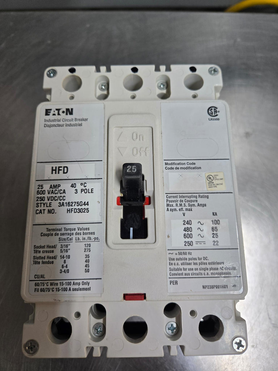 Eaton 25 Amp Breaker HFD3025 - 3P - 600V - Used