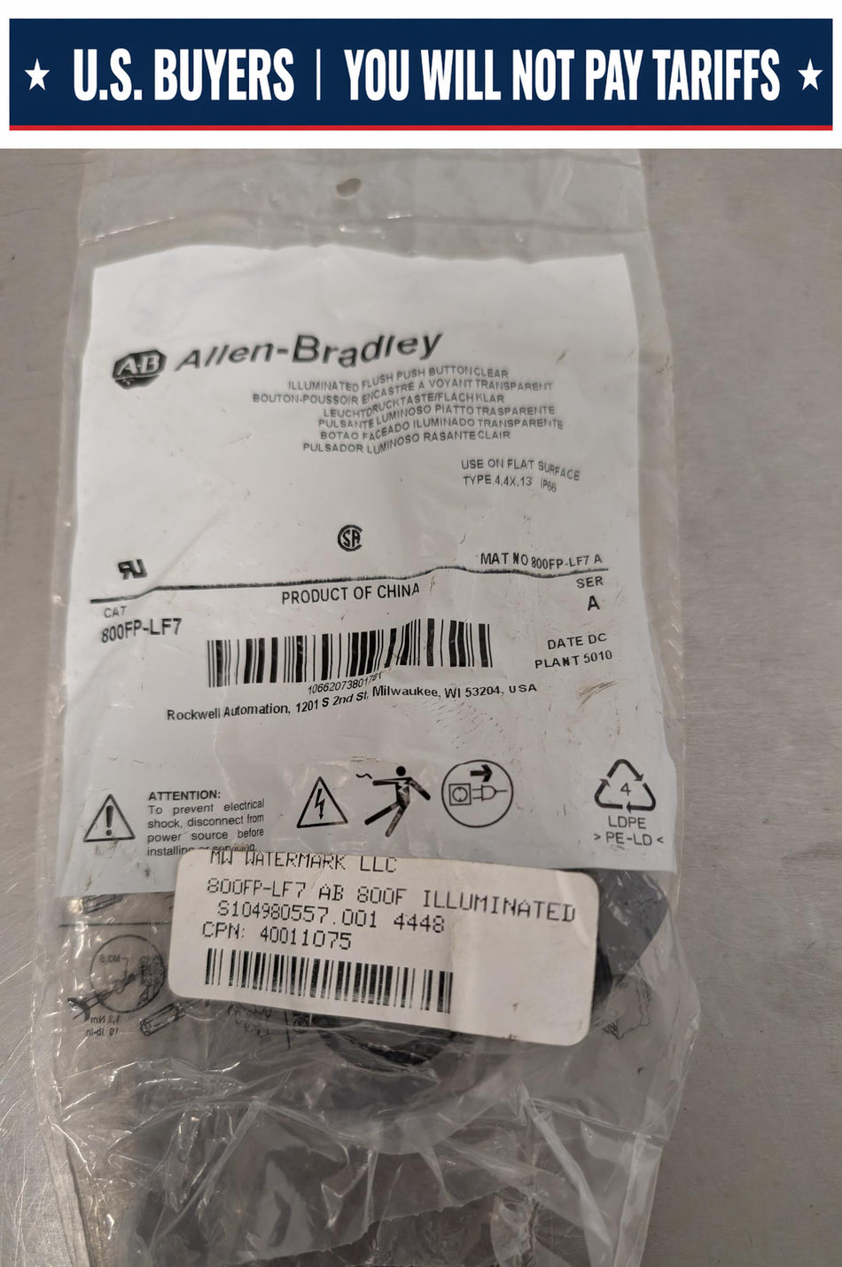 Allen Bradley Illuminated Flush Push Button - Clear - 800FP-LF7
