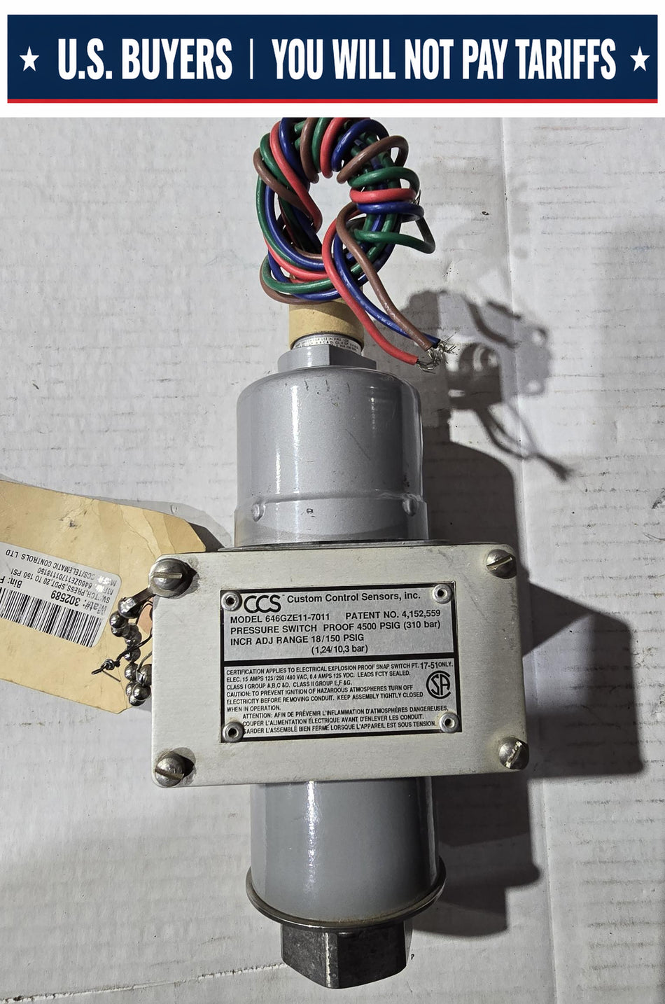 CUSTOM CONTROL SENSORS PRESSURE SWITCH 646GZE117011  4500 PSIG PROOF  18/150 PSIG INCR ADJ RANGE  1/2"-14 NPT  316 STAINLESS STEEL (USED)