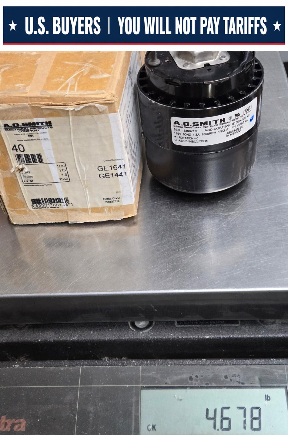 AO Smith JA2R215N+ 115V,1550 RPM Electric Motor