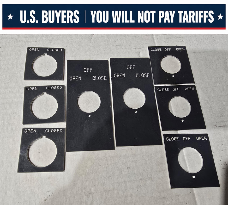 LEGEND PLATES  MARKED: OPEN-CLOSED  MATERIAL: 5 ALUMINIUM AND 3 PLASTIC (LOT OF 8 USED)