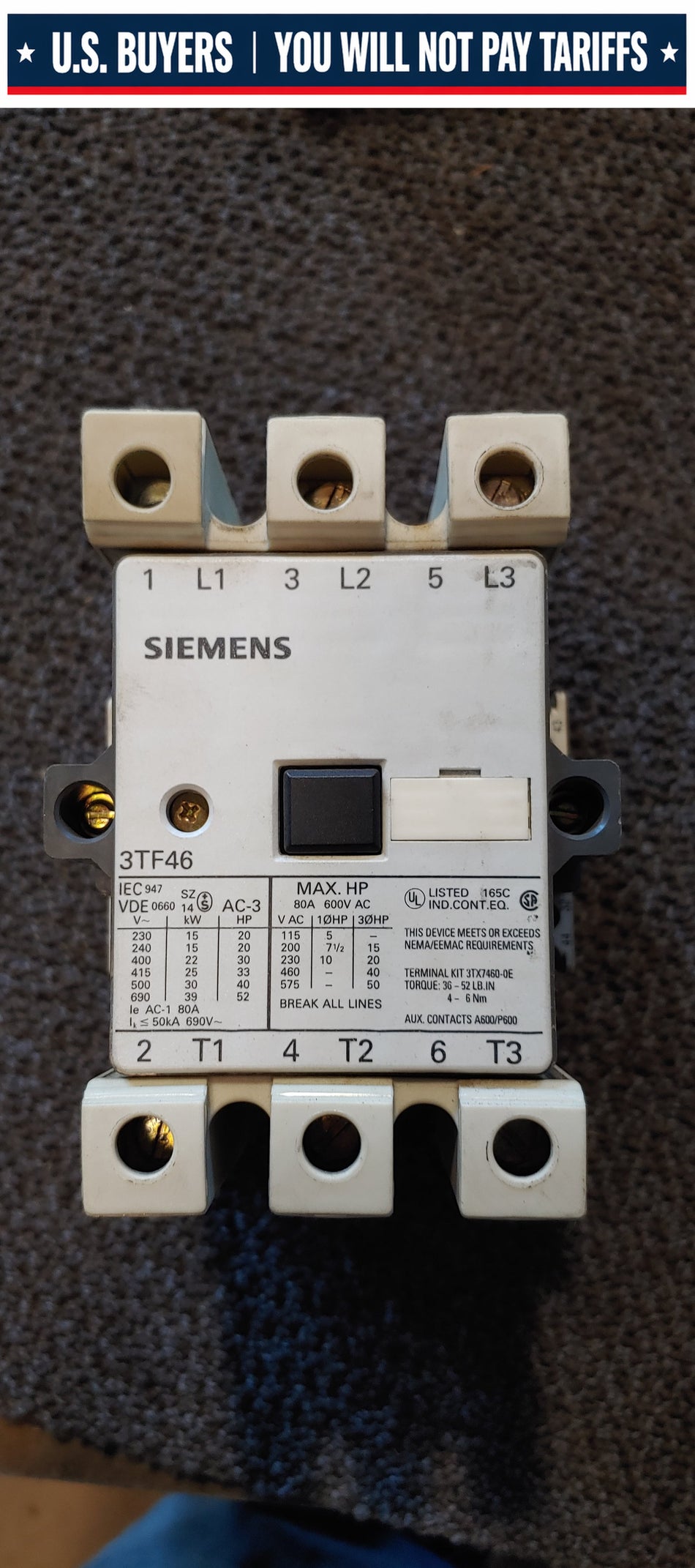 Siemens 3TF46 Contactor 80A Max 600V 50Hp 3ph 110v Coil "Used"