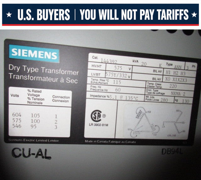 Siemens 3 Phase Transformer 20 KVA 575V to 332Y/575V Volts