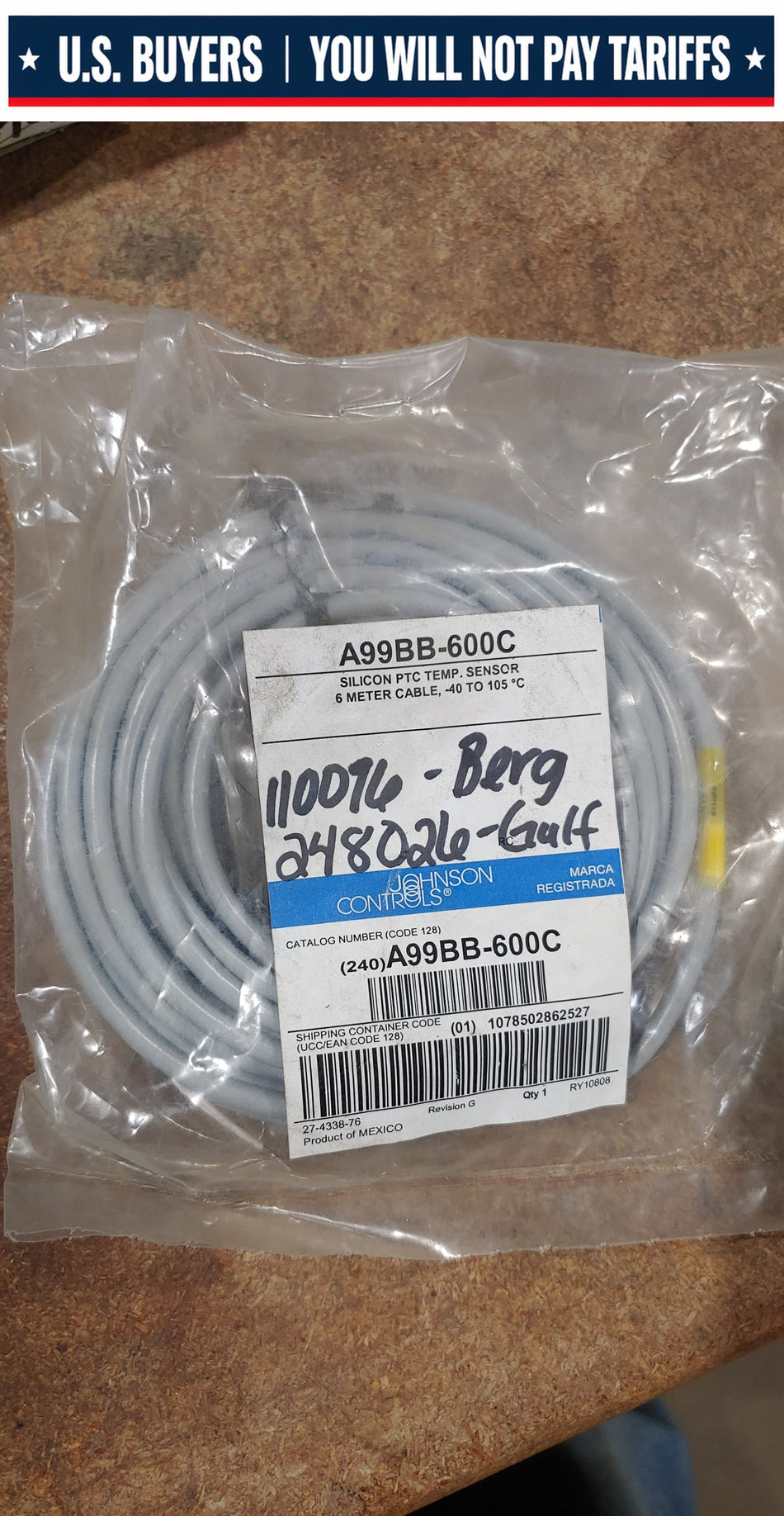 Johnson Controls Silicon PTC Temp Sensor Cable 6 Meter, -40 to 105c A99BB-600C