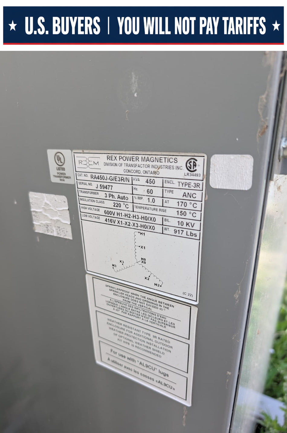 450 KVA REX 3 PH Dry Type Transformer - 600v to 416v - RA450J