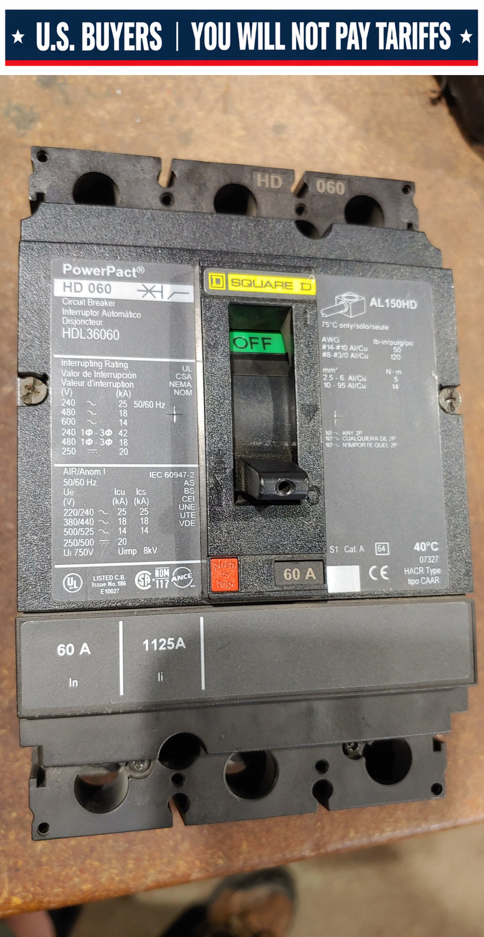 Square D HDL36060 Molded Case Circuit Breaker 3P 60A Thermal Magnetic PowerPact