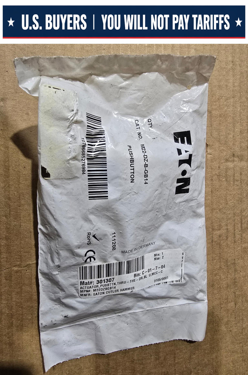 Eaton - Cutler Hammer M22-DZ-B-GB14 Switch Actuator, Through-the-Door, Blue, Momentary, RESET