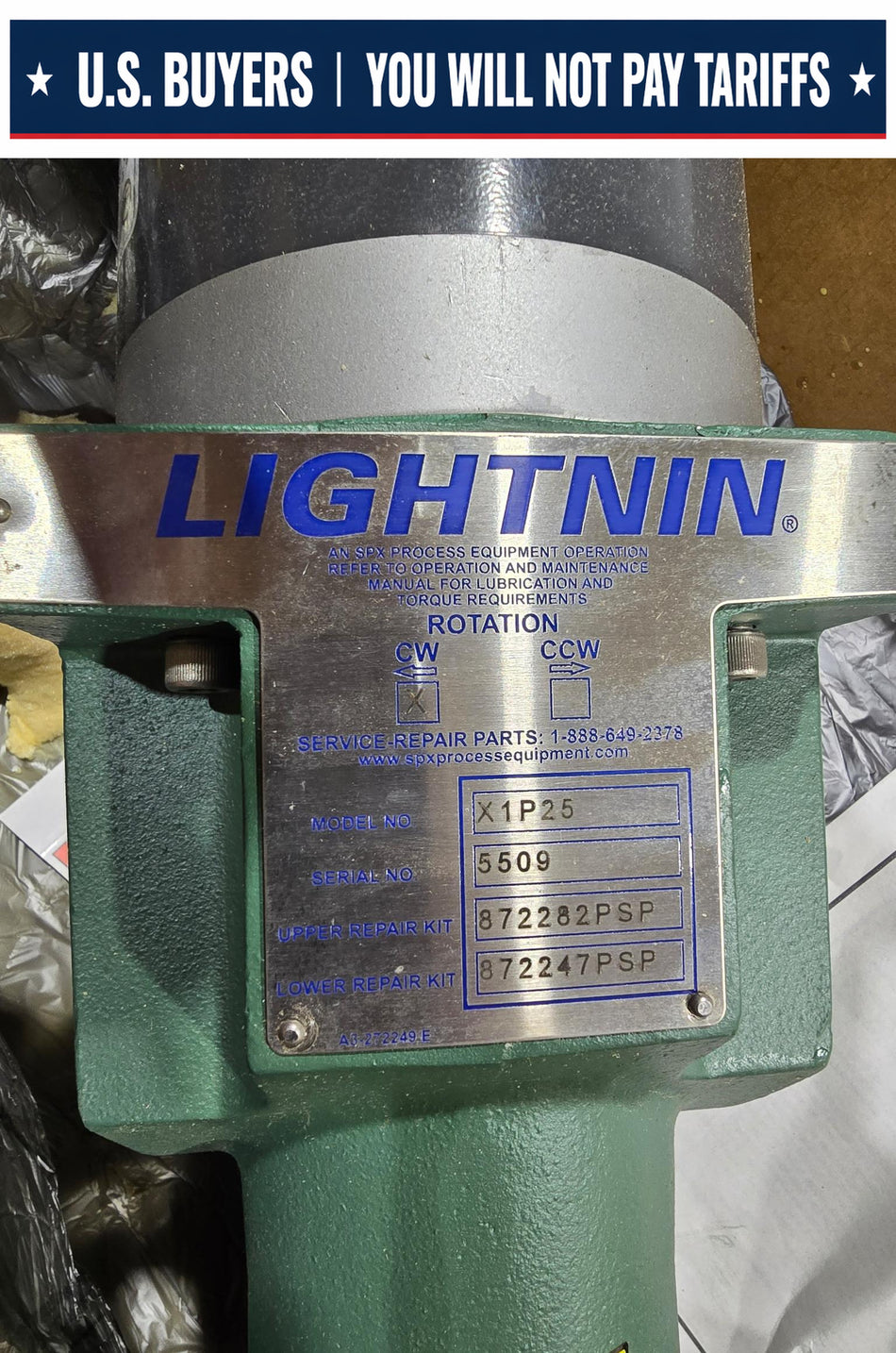 Lightnin Mixer  MODEL X1P25, HP Rating: 1/3,  Volts: 575V