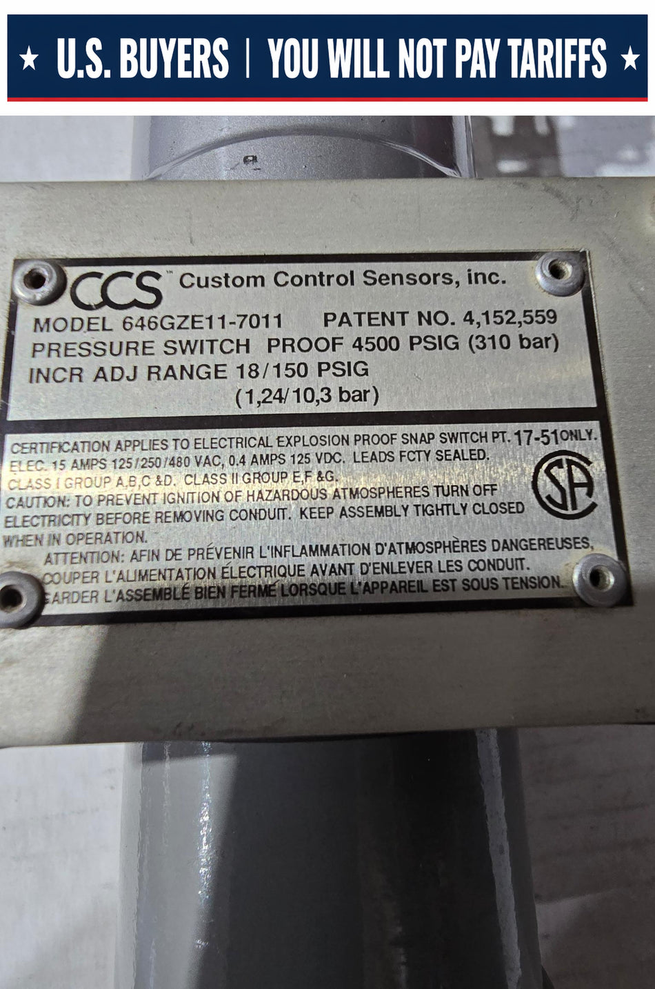 CUSTOM CONTROL SENSORS PRESSURE SWITCH 646GZE7E7-7011  4500 PSIG PROOF  900-2300 PSIG INCR ADJ RANGE  1/2"-14 NPT  316 STAINLESS STEEL (USED)