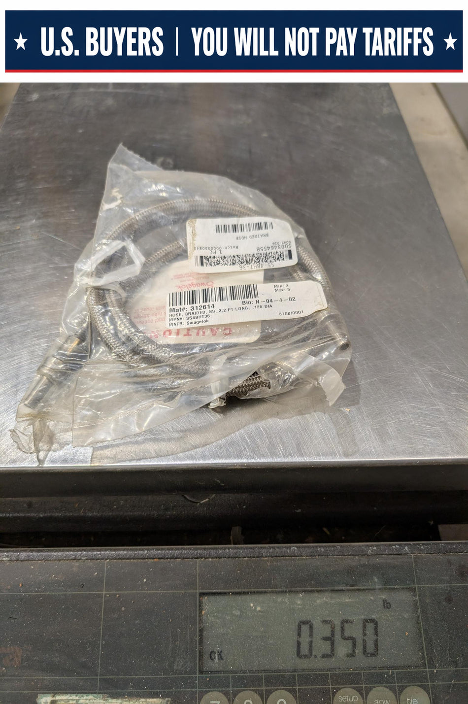 Swagelok Stainless Steel Braided Hose - 3.2 ft Long - 0.125 Inch - SS4BHT36 - NEW