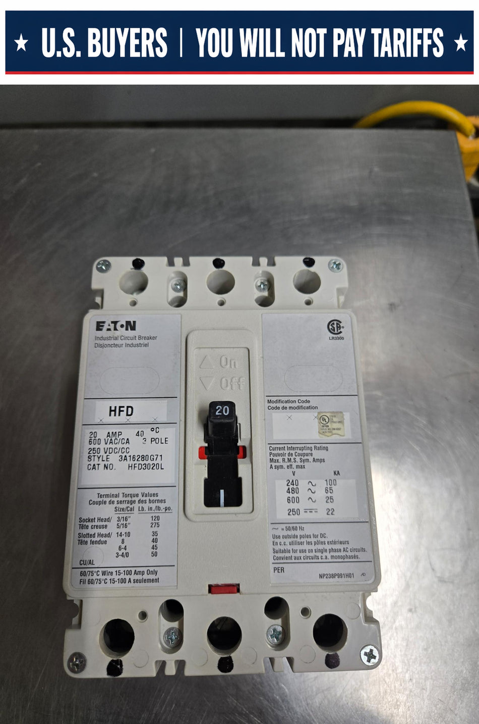 Eaton 20 Amp Breaker HFD3020L - 3P - 600V - Used