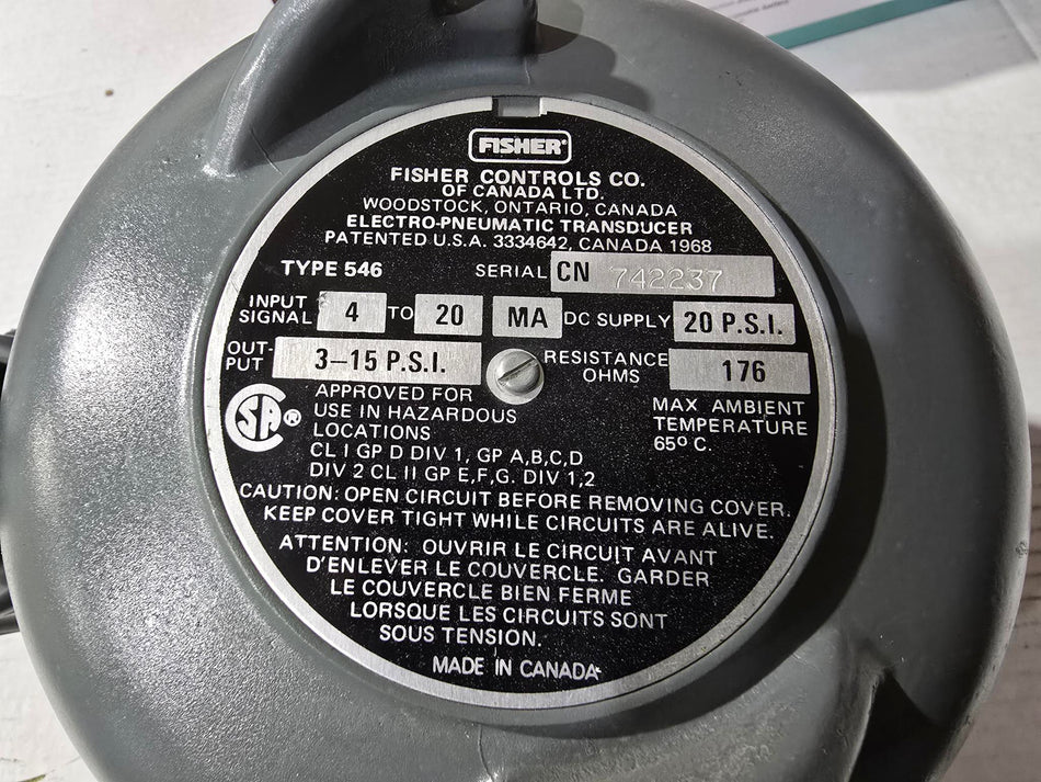 Fisher 546 Electro-pneumatic Transducer 3-15psi 4-20MA WITH REGULATOR (REFURBISHED)