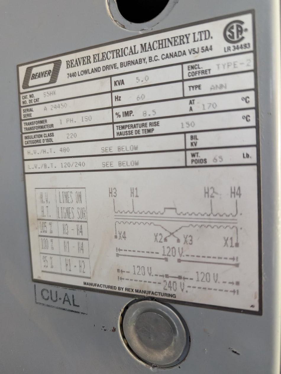 Beaver Electrical 5 KVA Dry Type 1 PH Transformer - S5HK - 480V to 120/240v