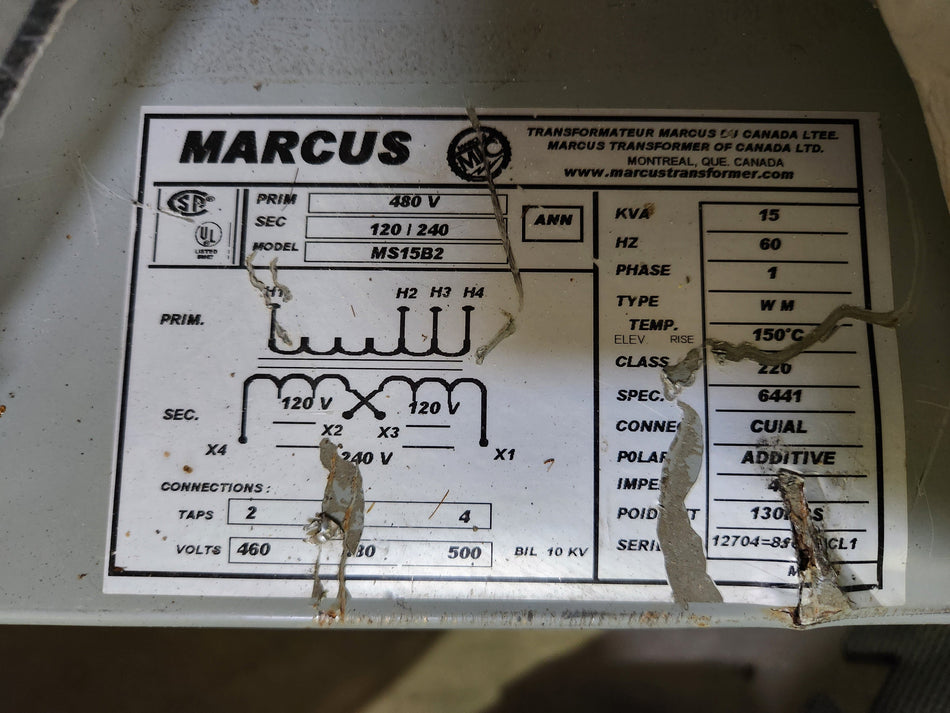 Marcus 15 KVA Dry Type Transformer, Single Phase 480V delta to 120V/240V - MS15B2