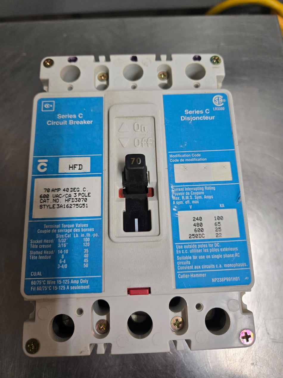 Cutler / Eaton 70 Amp Breaker HFD3070 - 3P - 600V - Used