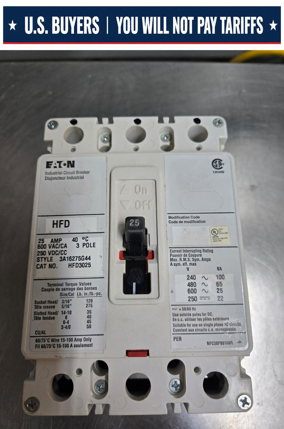 Eaton 25 Amp Breaker HFD3025 - 3P - 600V - Used