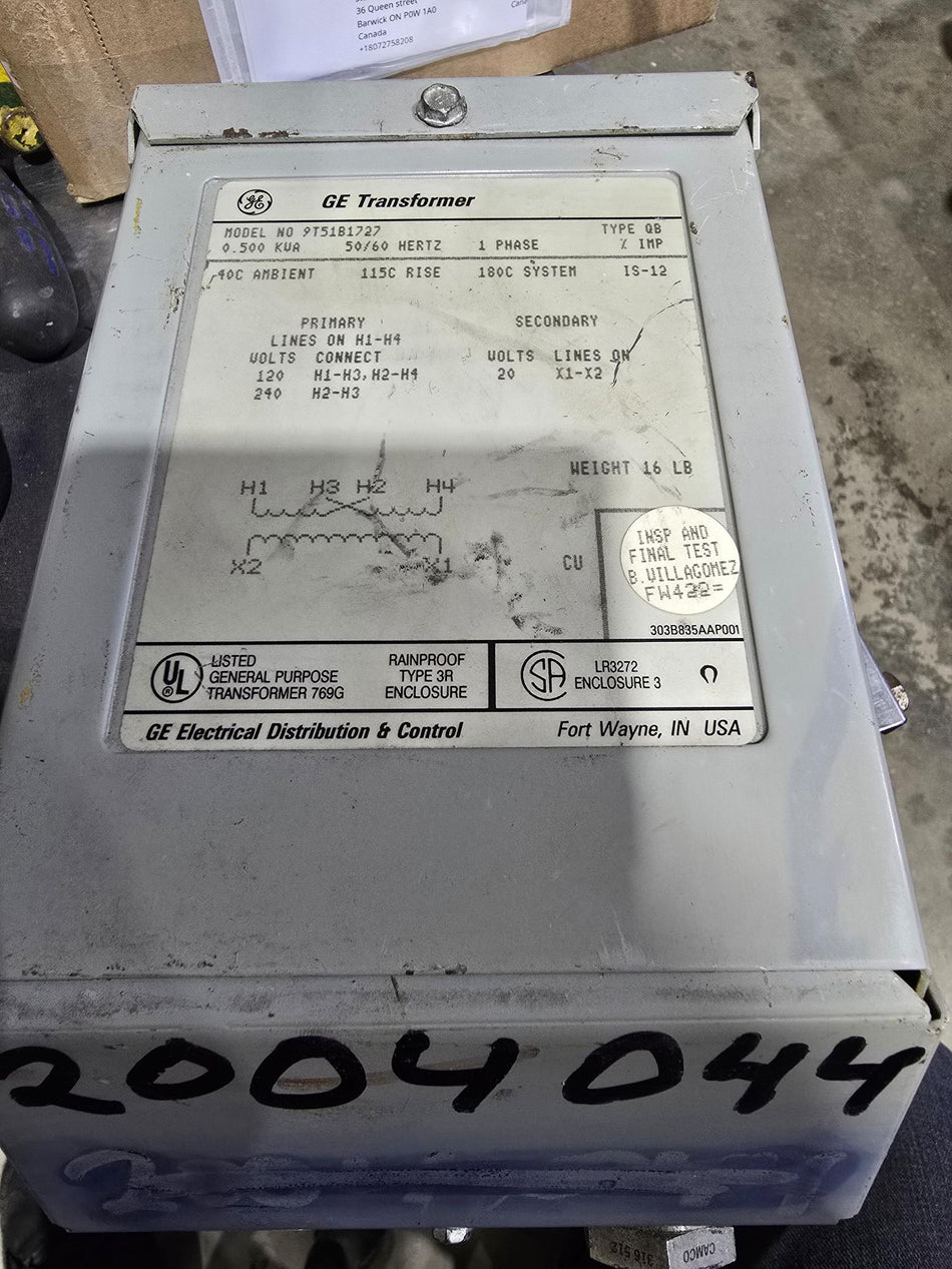 GE Transformer 0.500 KVA 120/240 to 20 volt 9T51B1727 (USED)