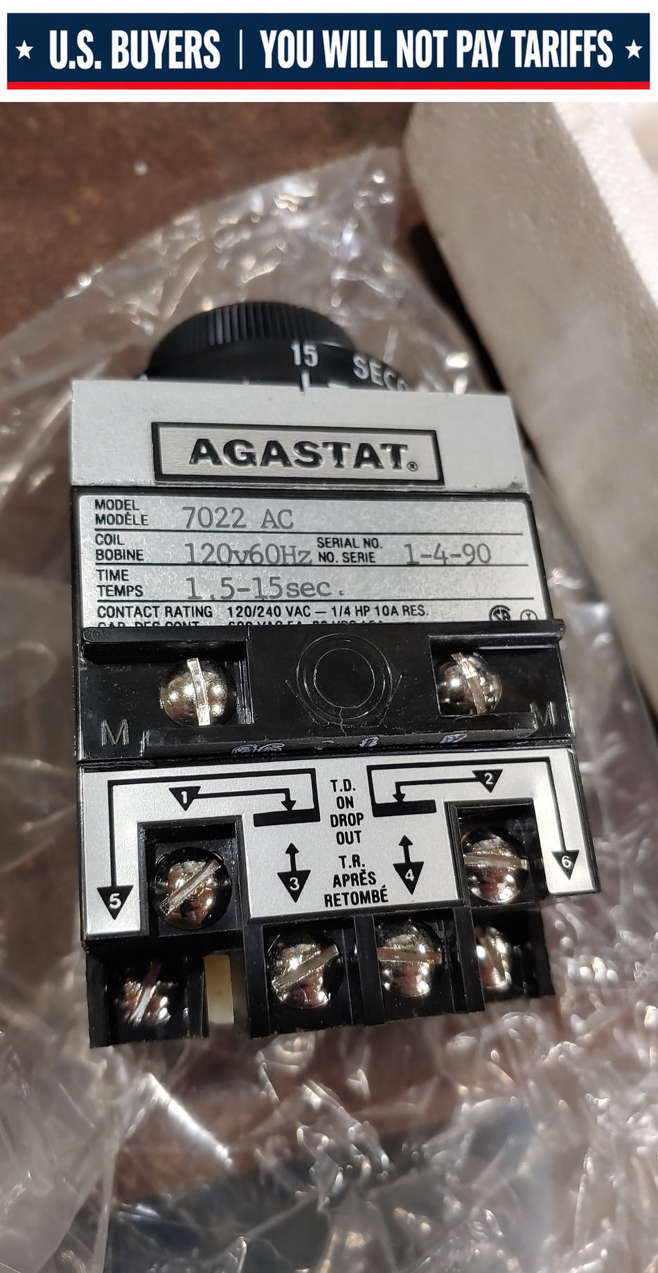 Agastat Timing Relay Model: 7022 AC Coil:120V 60Hz Time: 1.5-15Sec