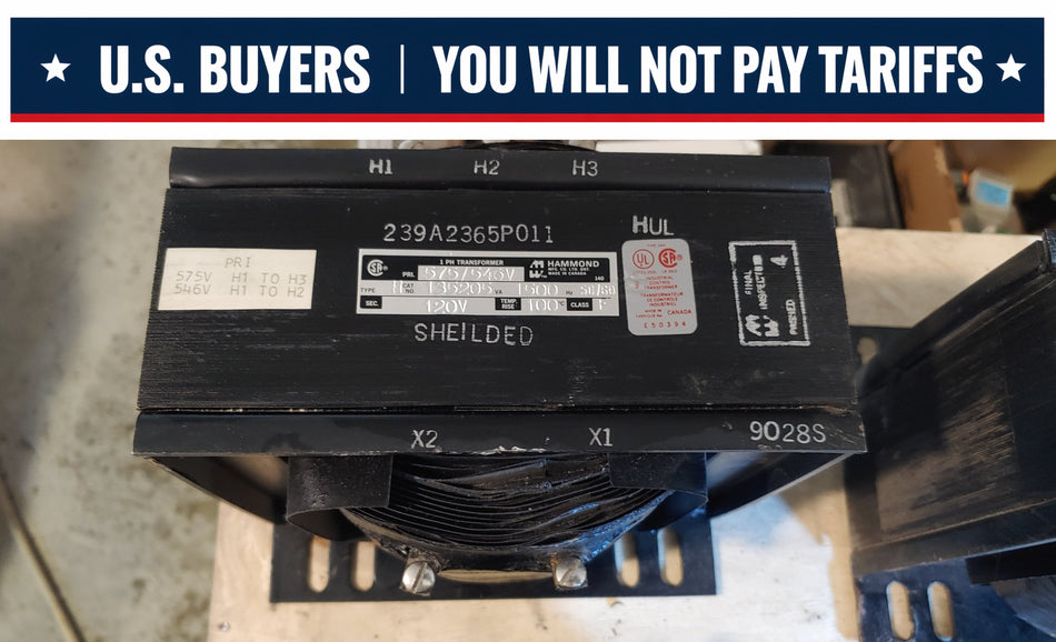 Hammond Transformer Cat No:135205 VA:1500 Hz:50/60 Pri:575/546V Sec:120V Type:H Temp Rise:100C Class:F