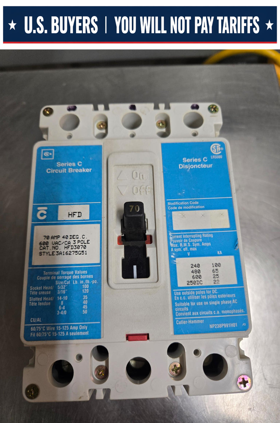 Cutler / Eaton 70 Amp Breaker HFD3070 - 3P - 600V - Used