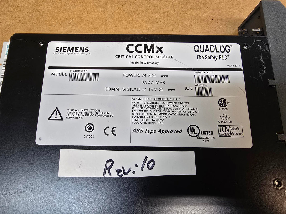 SIEMENS QLCCM36AAN QUADLOG, REV: 10, CCMX CRITICAL CONTROL MODULE, P/N ...