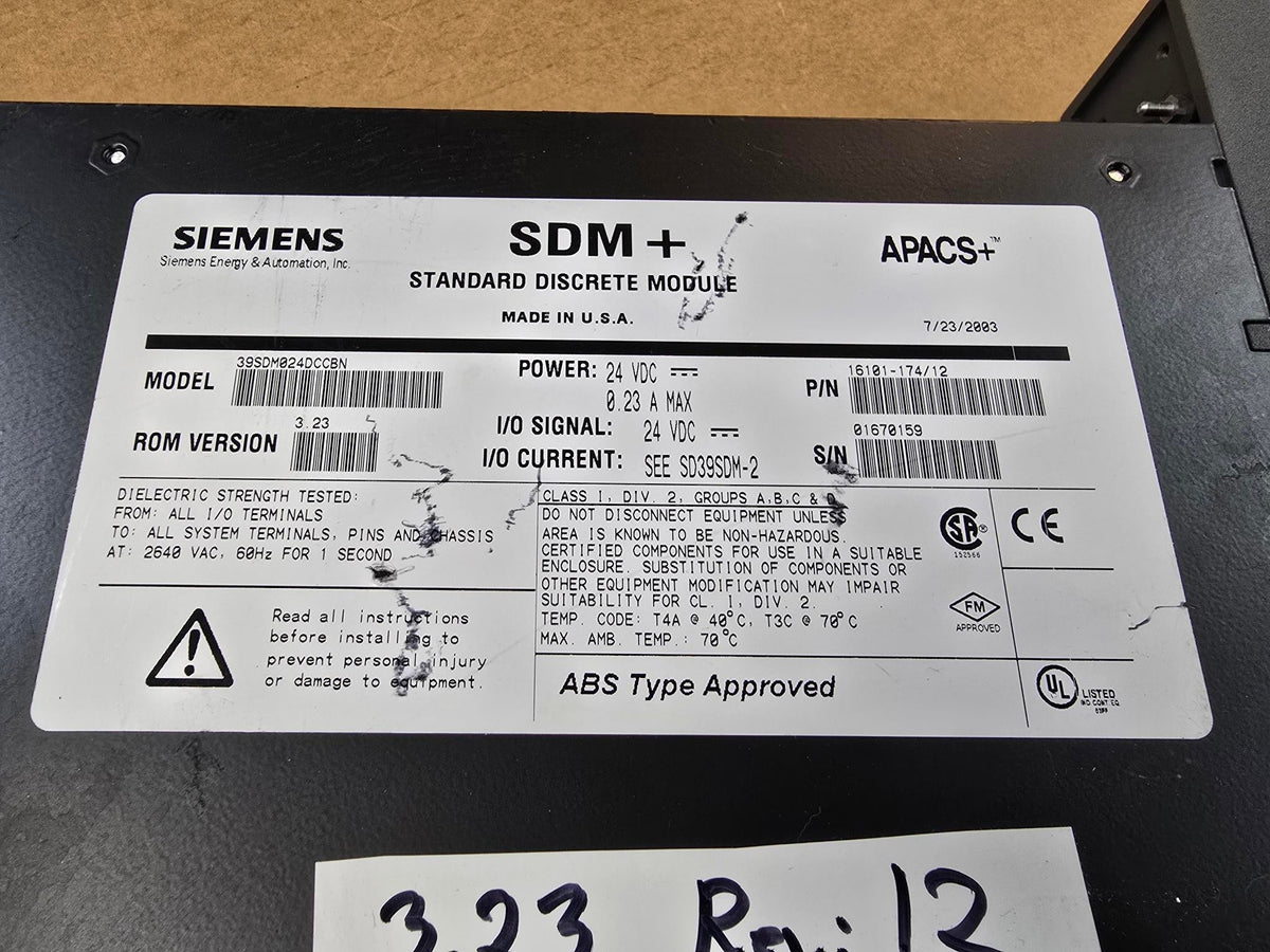 Discreet Module SIEMENS 39SDM024DCCBN APACS+, ROM:3.23, REV:12, SDM+ STANDARD DISCRETE ...