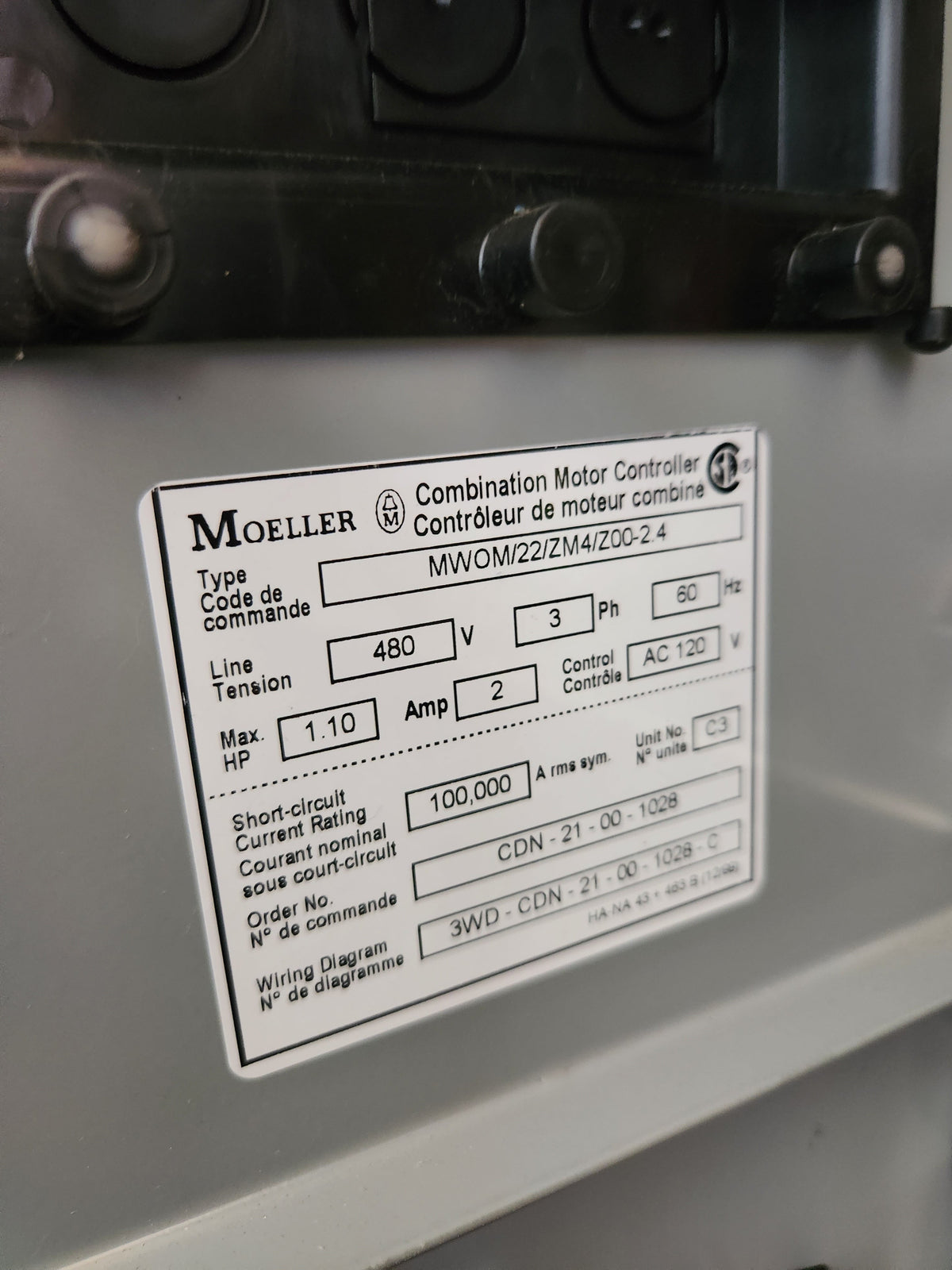 Moeller Modan 3000 MCC Buckets, 1.10 HP, 480v, PH 3, with reversing co ...