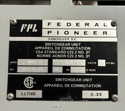 Federal Pioneer 3953-A1-89 Switchgear - 600 V, 4000 A, 3 Phase