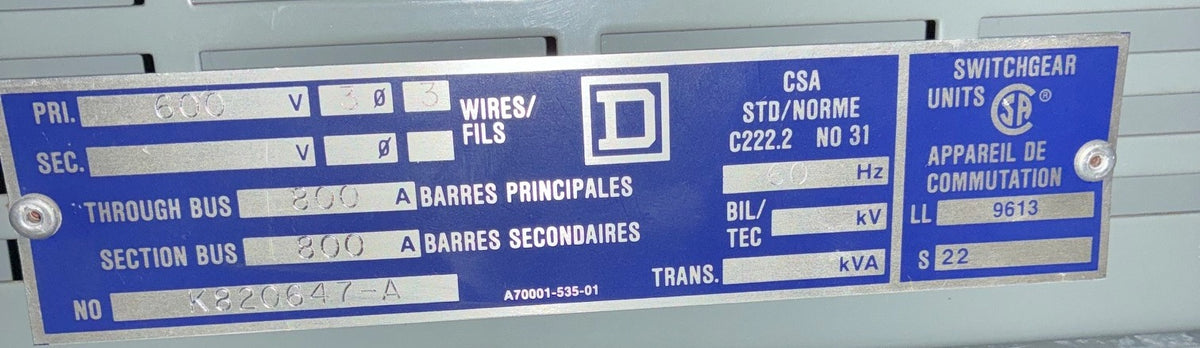 Square D K820647-A Switchgear - 600 V, 800 A, 3 Phase