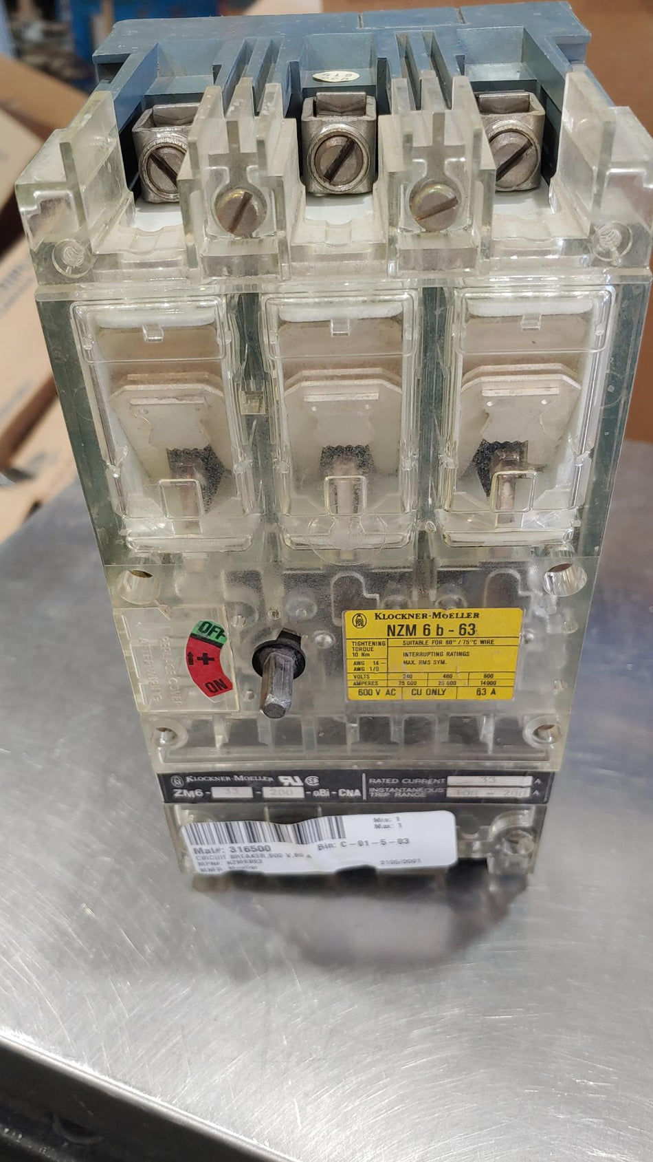 KLOCKNER-MOELLER  3 Pole Circuit Breaker NZM 6B-63 (USED) ZM6-33-200-oBi-CNA