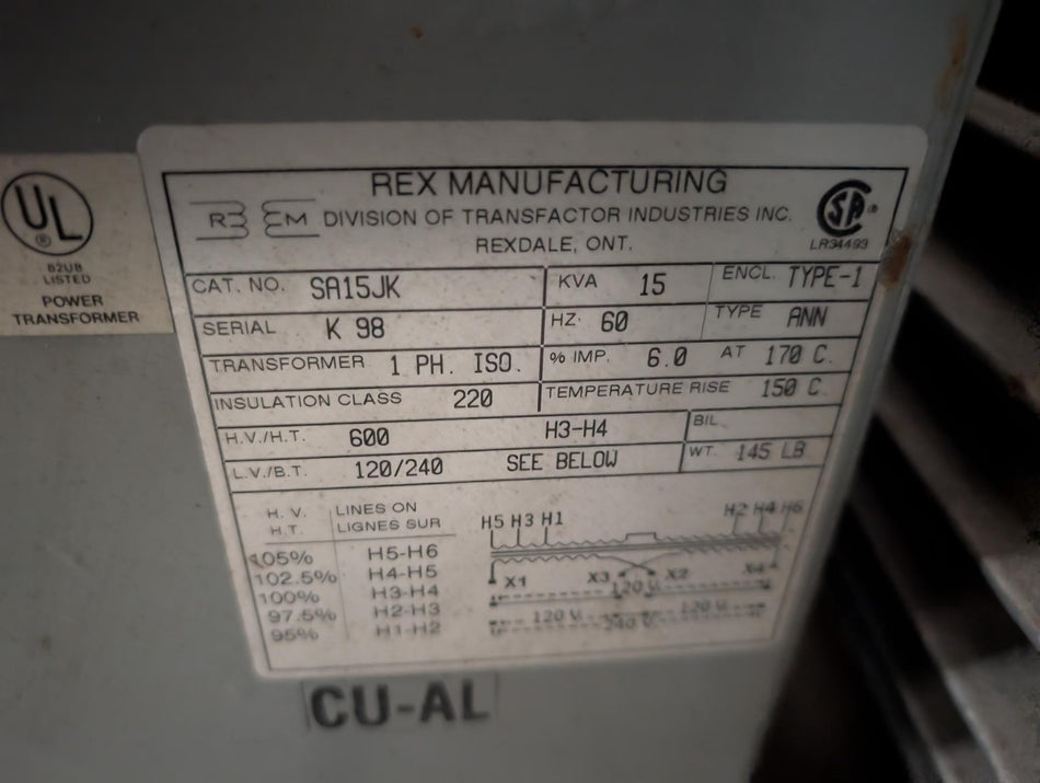 15 KVA REX 3 PH Dry Type Transformer - 600v to 120/240v - BA75JM