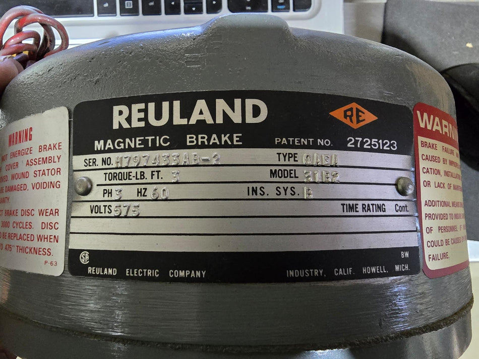 REULAND MAGNETIC BRAKE 31B2 TYPE:OAEA 3FT LB 575V 60HZ