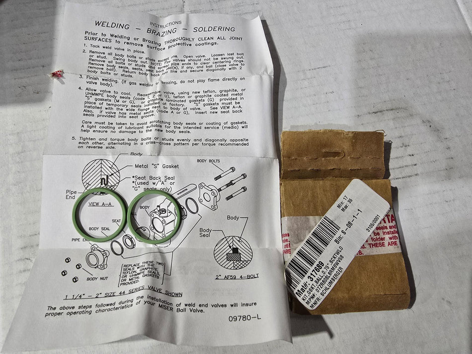 SCHLUMBERGER 07ZR608L6RMSWV58 0.75" SOCKETWELD BALL VALVE GASKET KIT