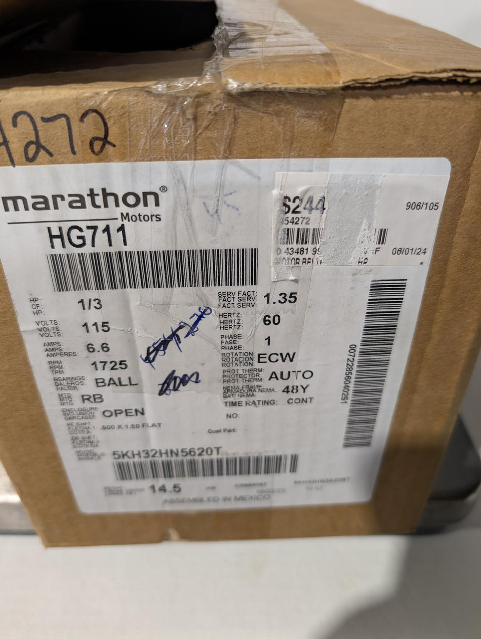 Marathon Electric Motor - HG711 - 1/3 Hp - 1725 RPM - 115V - 1 Phase - Fr: 48Y - Hz 60