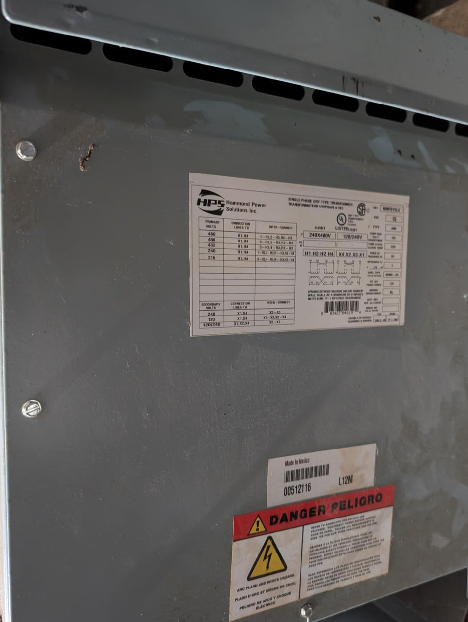 HPS -Hammond 15 KVA Dry Type 1 PH Transformer - NMF015LE - 240x480V to 120/240v, NEMA 3R