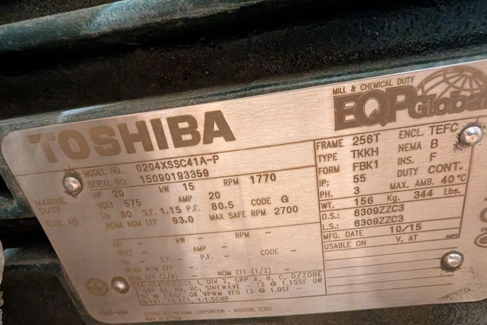 20 HP Toshiba 3 PH Electric Motor, 575v, 1770 RPM, FR: 256T, 0204XSSC41A-P