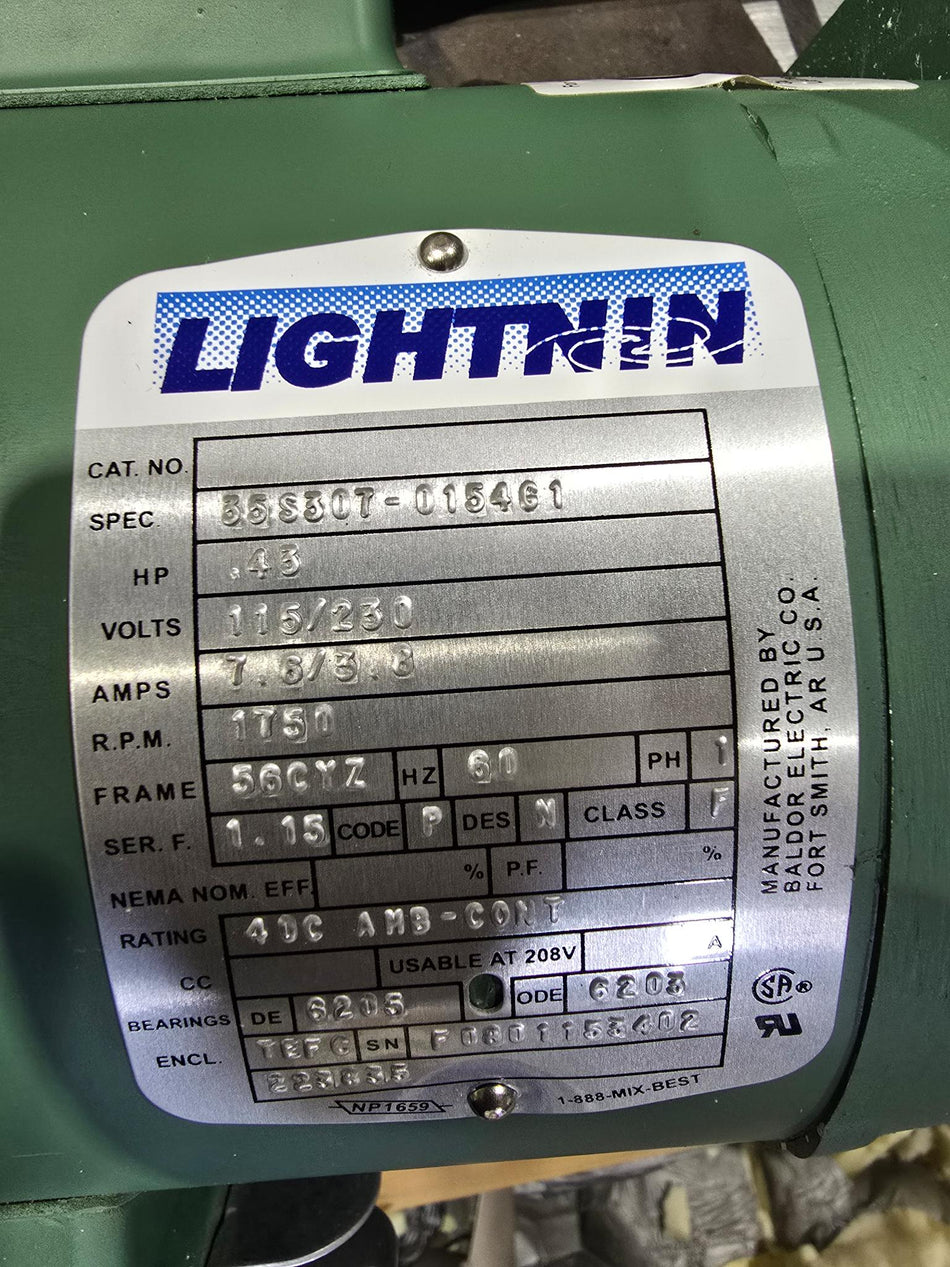 Lightnin Mixer  MODEL XJ-43 HP Rating: .43  Volts: 115/230V