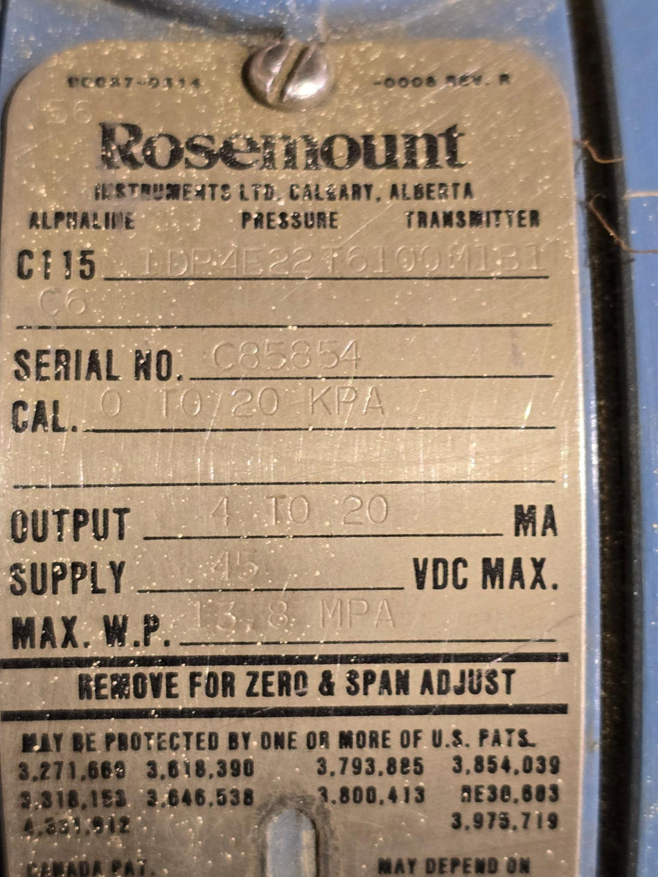 Rosemount EXIA Differential Pressure Transmitter - C1151DP4E22T6100M1B1 - 0 to 20 KPA - 4-20 MA Output