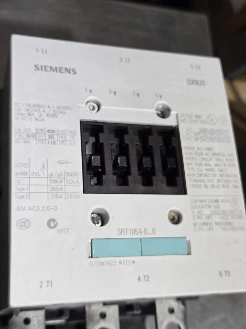 SIEMENS 3RT1054-6AF36 Contactor, 160A 110 VAC 50 HZ/120 VAC 60 HZ COIL