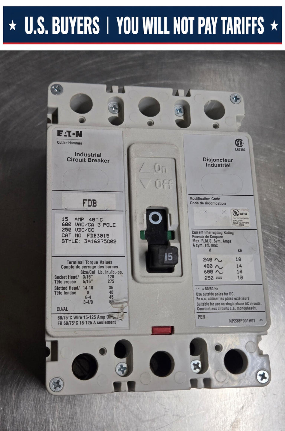 EATON 15 Amp, 3 Pole, 600 Volts Circuit Breaker FDB3015