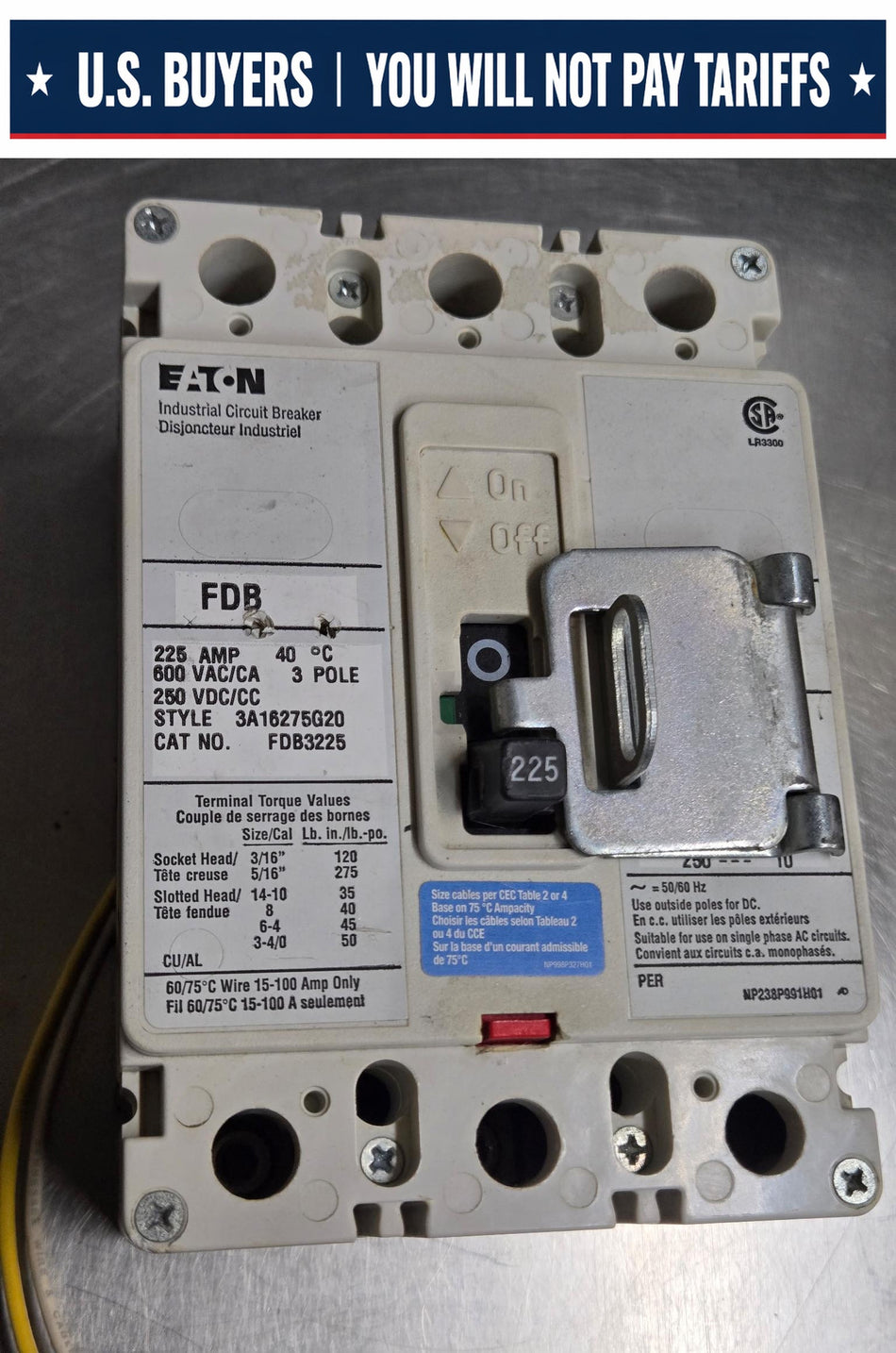 EATON 225 Amp, 3 Pole, 600 Volts Circuit Breaker FDB3225