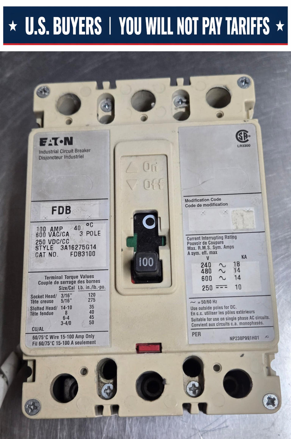 EATON 100 Amp, 3 Pole, 600 Volts Circuit Breaker FDB3100