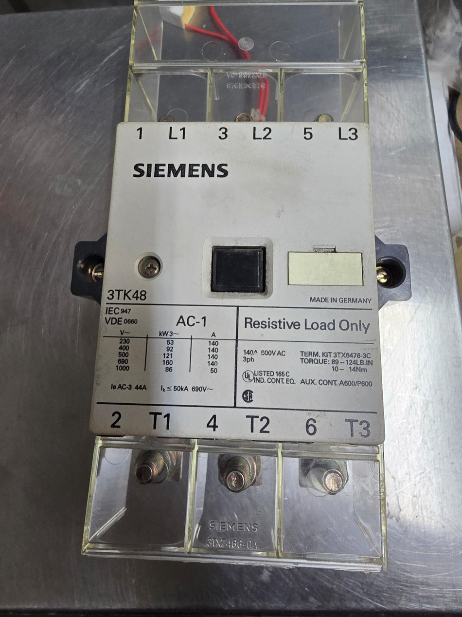SIEMENS 3TK48, 140A, RESISTIVE LOAD ONLY, 110VAC COIL (USED TESTED)