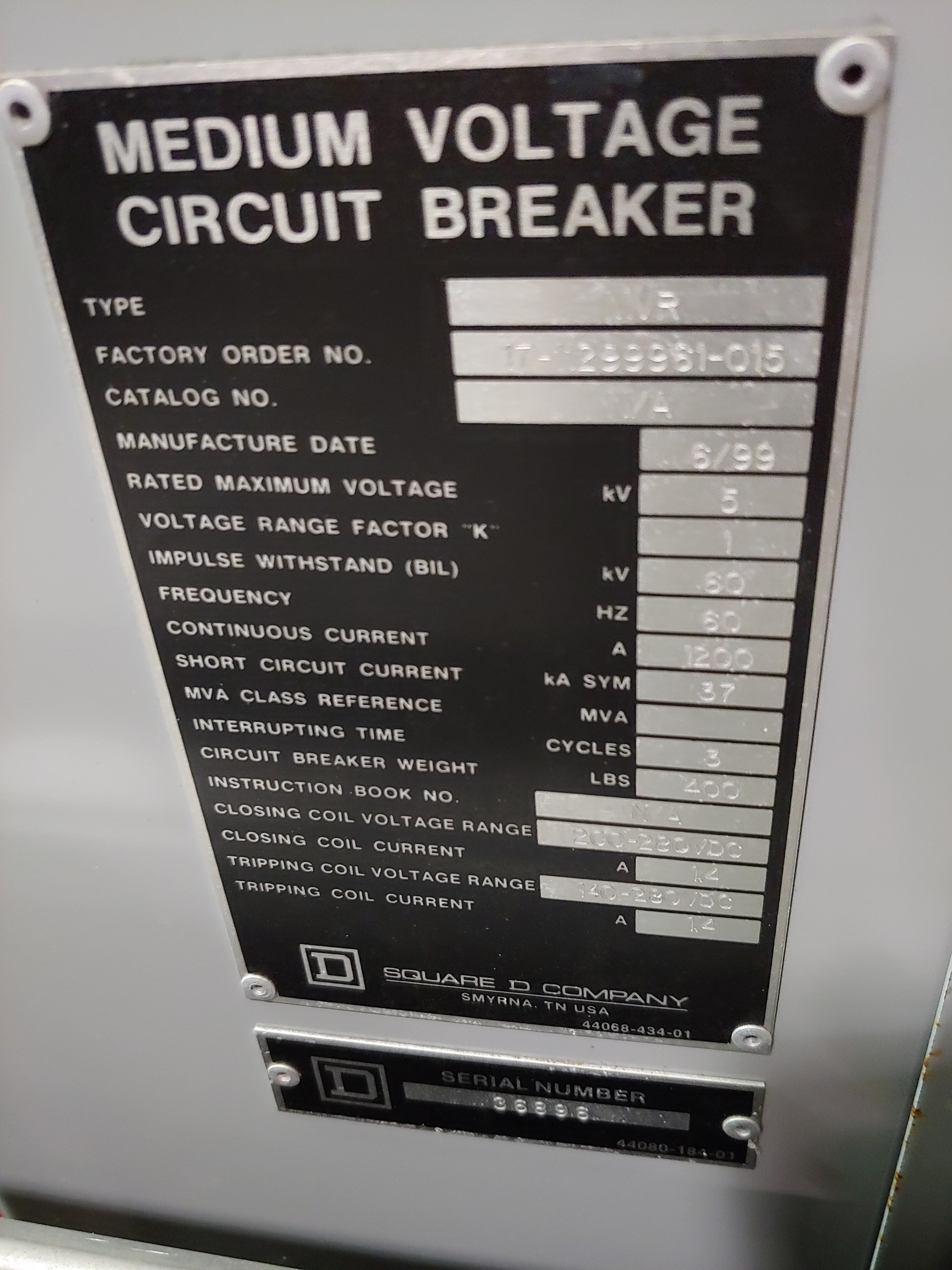 Square D Medium Voltage VR Type Breaker, 5 KV, 1200 AMP Rated ETI Sales