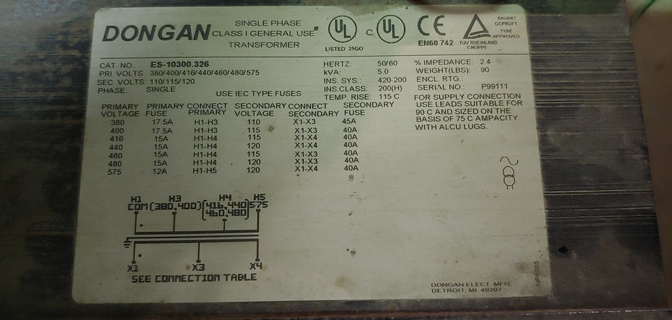 Dongan 5 KVA 1 PH Isolation Transformer, Multi Voltage Input to 110/115/120 Volts