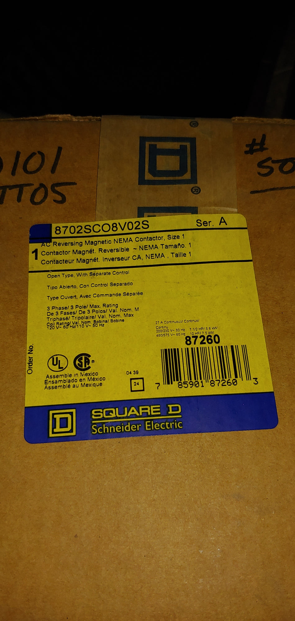 Square D Full Voltage Reversing Contactor, 8502 SCO2V02S, 27Amp, 600VAC, NEMA size 1