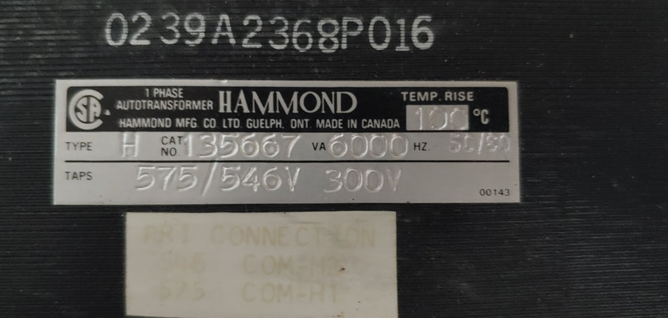 Hammond Transformer Cat no:135667 VA:6000 HV: 575/546V LV: 300