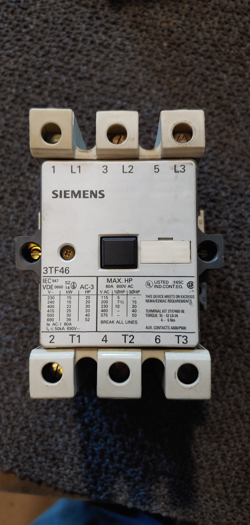 Siemens 3TF46 Contactor 80A Max 600V 50Hp 3ph 110v Coil "Used"